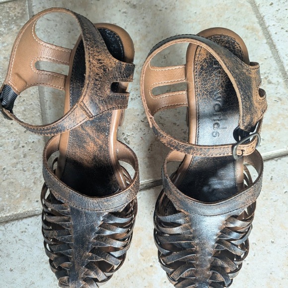 Five Worlds by Cordani Woven Leather Platform Sandals Brown Wood Heel Womens 7 - Picture 8 of 8